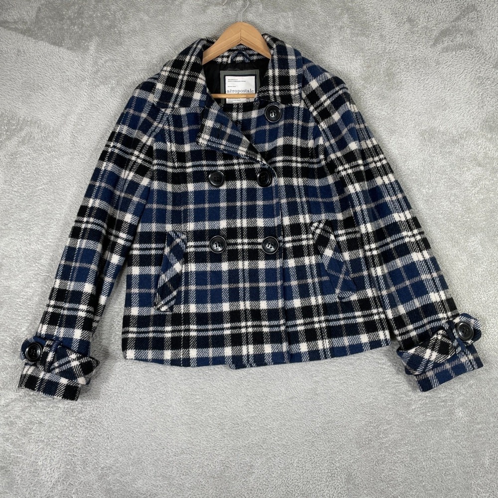 Aeropostale Pea Coat Womens Medium Blue Plaid Wool Blend Y2K Preppy Double